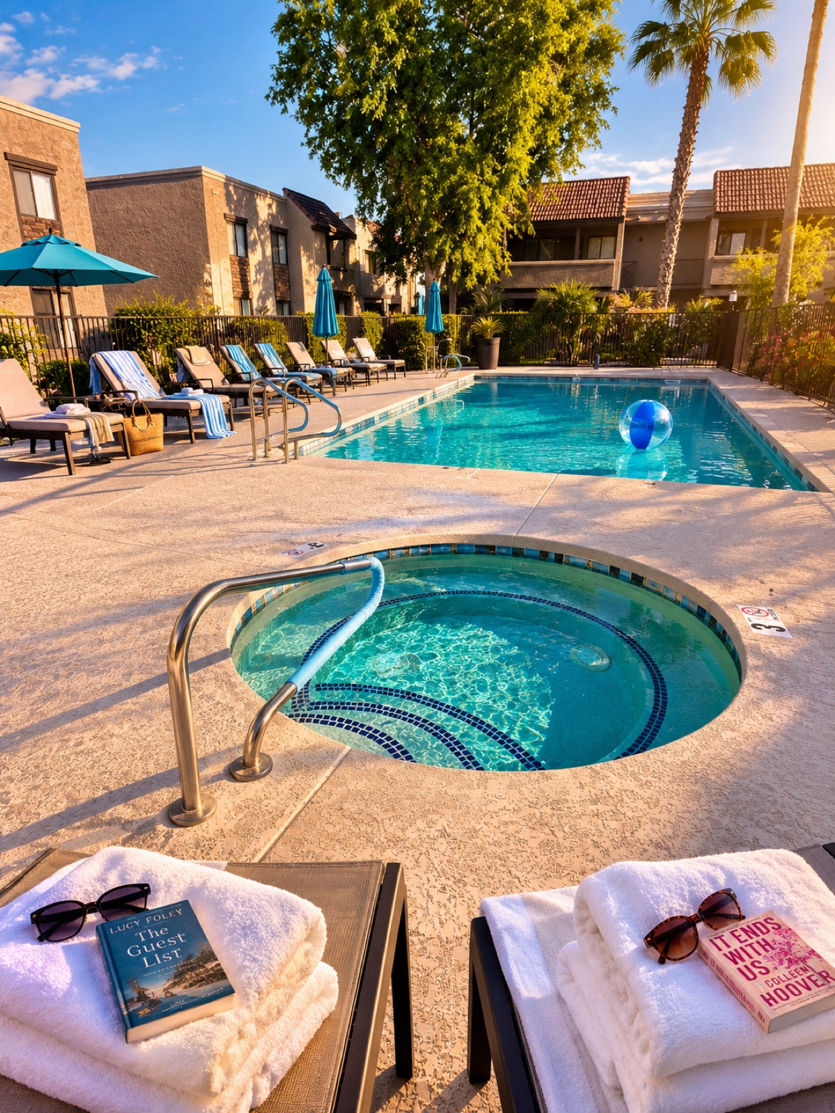 Heated pool and jacuzzi with loungers, towels, sunglasses, and books